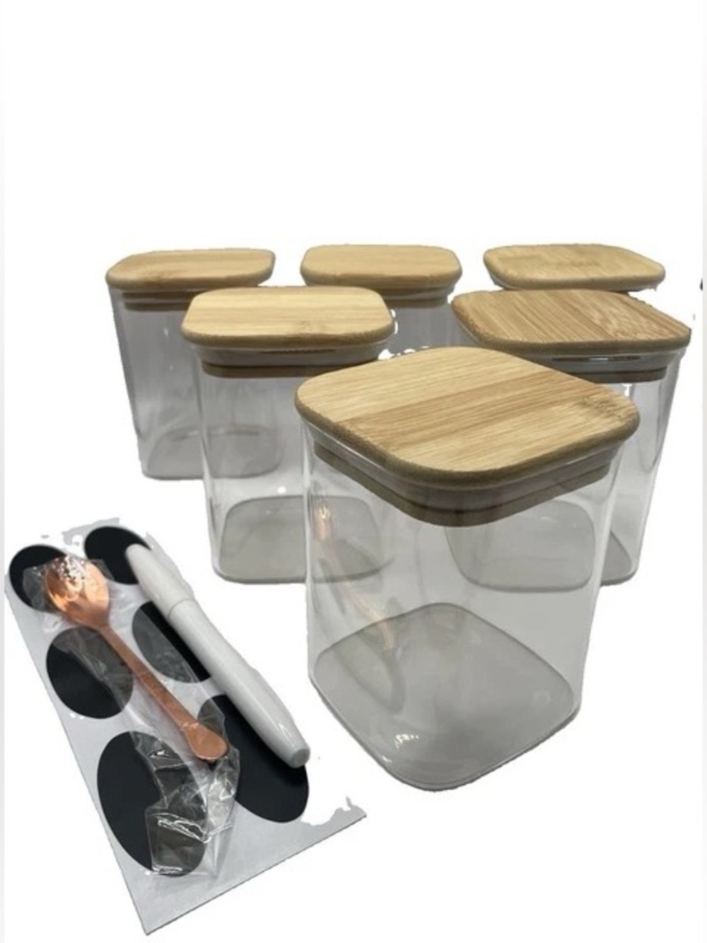 6-Piece Glass Storage Jar Set with Bamboo Lids - Clear